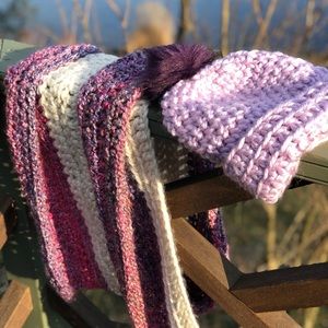 NWT hand crocheted soft purple & cream puff scarf